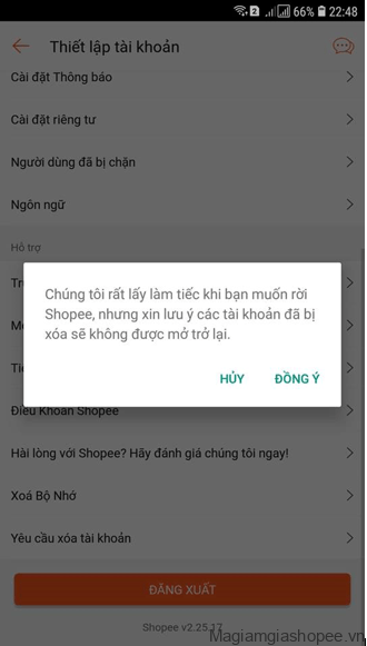Xóa tài khoản shopee