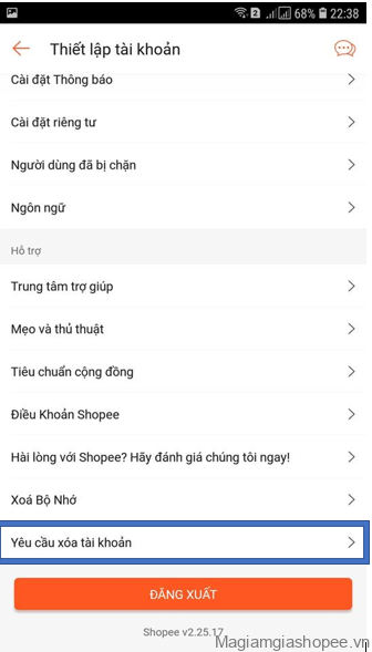 Yêu cầu xóa tài khoản Shopee