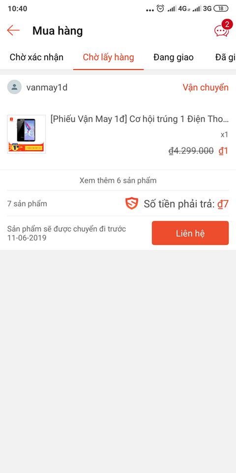 Đơn hàng thanh toán thành công vận may 1đ