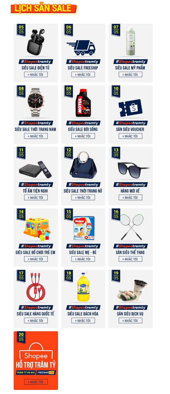 Lịch săn sale Shopee hỗ trợ trăm tỷ