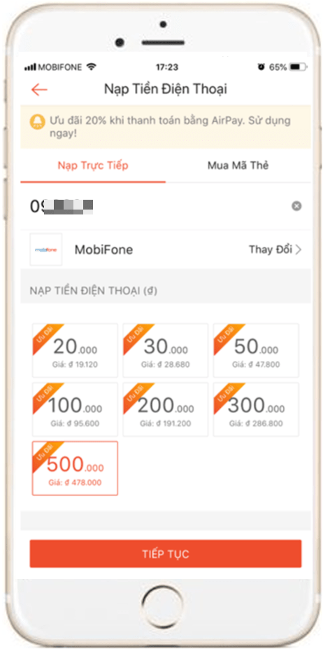 Nạp tiền điện thoại trực tiếp trên Shopee