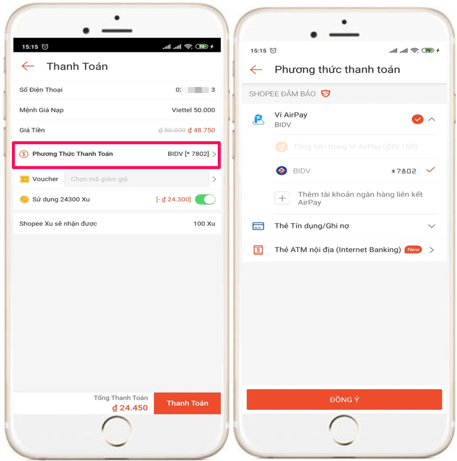 Nạp tiền điện thoại trực tiếp trên Shopee