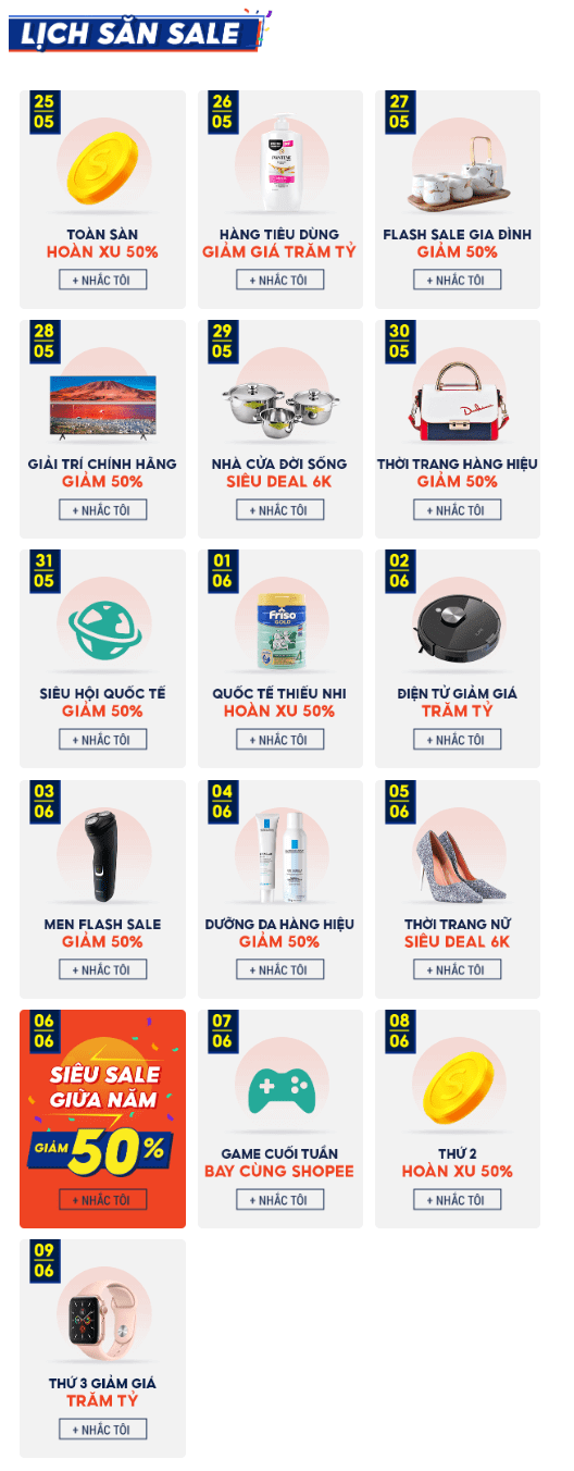Lịch khuyến mãi Shopee sale giữa năm