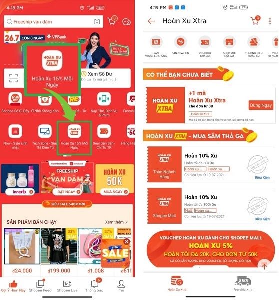Hoàn xu Xtra Shopee