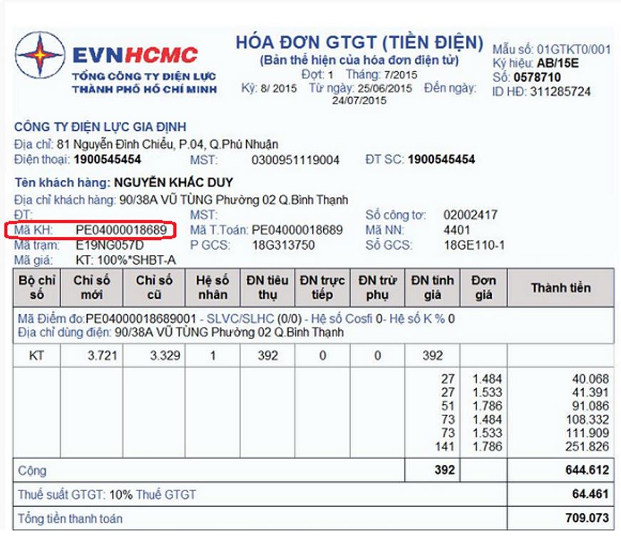 lấy mã khách hàng thanh toán tiền điện