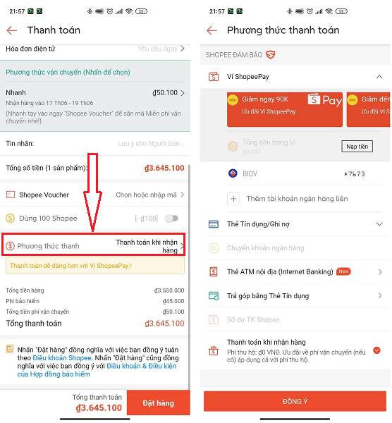 Chọn phương thức thanh toán Shopee