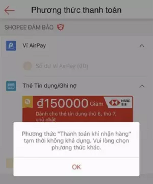 Không thể thanh toán COD Shopee