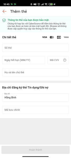 Thanh toán Shopee bằng thẻ tín dụng 