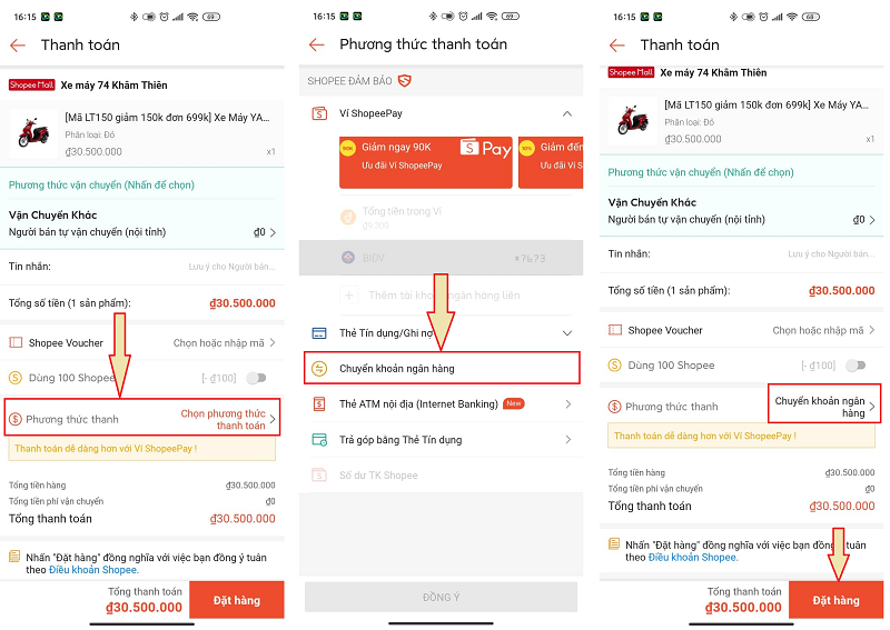 Thanh toán bằng chuyển khoản ngân hàng Shopee 