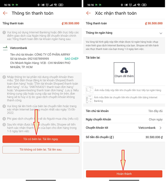 Thanh toán bằng chuyển khoản ngân hàng Shopee