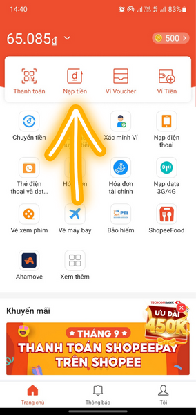 cách nạp tiền shopeePay trên App ShopeePay