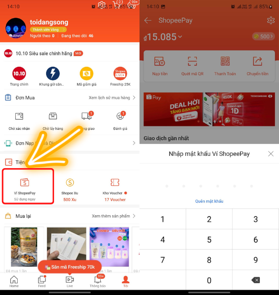 cách nạp tiền vào ví Shopeepay