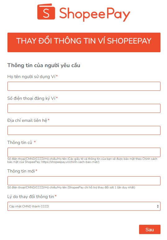 thay đổi thông tin ví Shopeepay