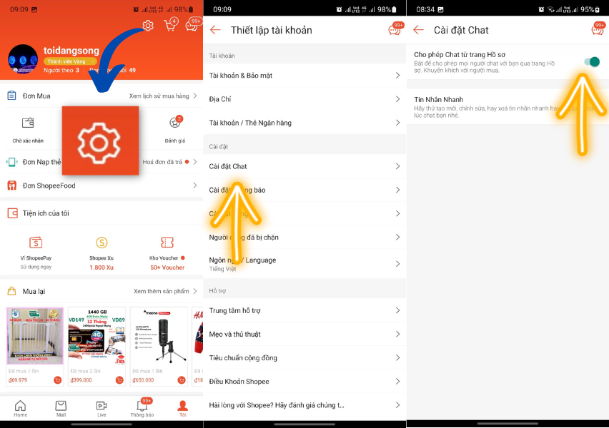 bật cài đặt chat