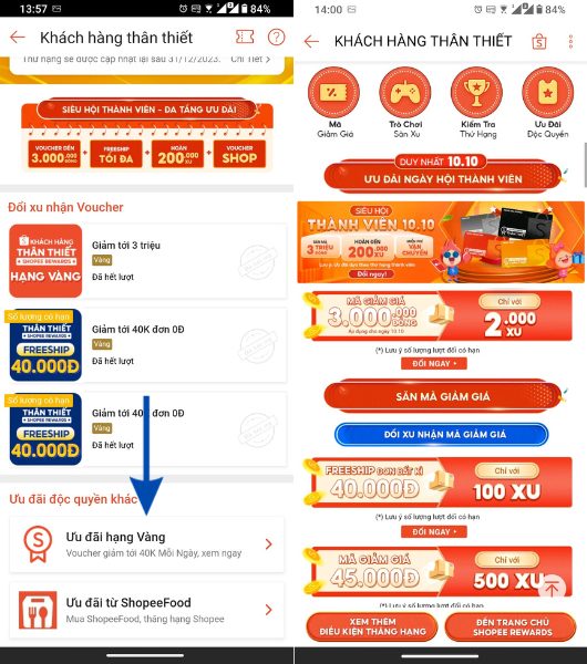 ưu đãi hạng vàng shopee