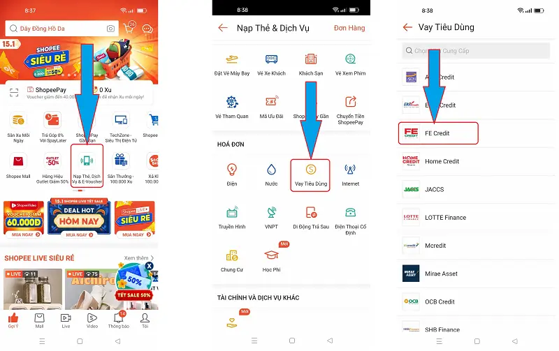 thanh toán Khoản vay FE Credit trên shopee
