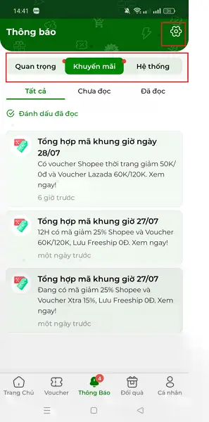 Cách bật, tắt thông báo trên ứng dụng nô tì 1